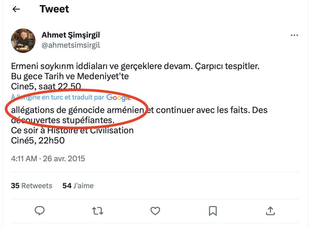 Ahmet Simsirgil niant le génocide arménien sur son compte Twitter